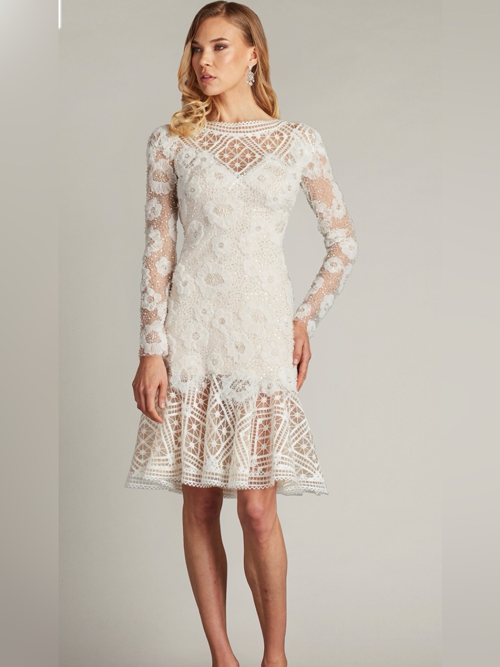 Tadashi Shoji Ivory Floral Lace Long-Sleeve Fit & Flare Dress